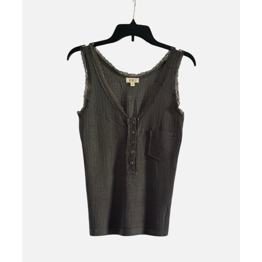 Women's New POL Gray Ribbed Lace Trim Henley Tank Top L - Picture 2 of 8